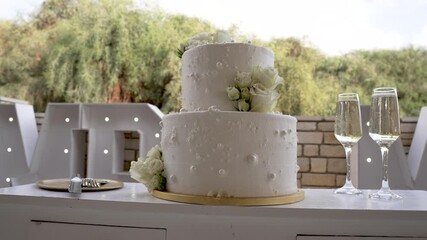 A lovely two-tier wedding cake adorned with white flowers stands elegantly on a table. Two champagne glasses sit nearby, creating a romantic atmosphere for the celebration.