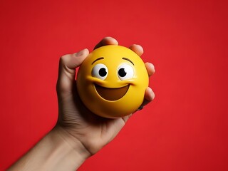 Happy face emoji held in hand against a red background