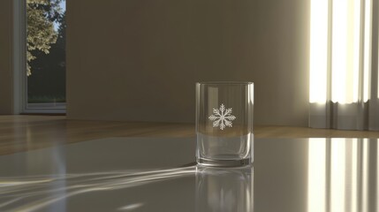 A clear glass with a snowflake design sits on a reflective surface.