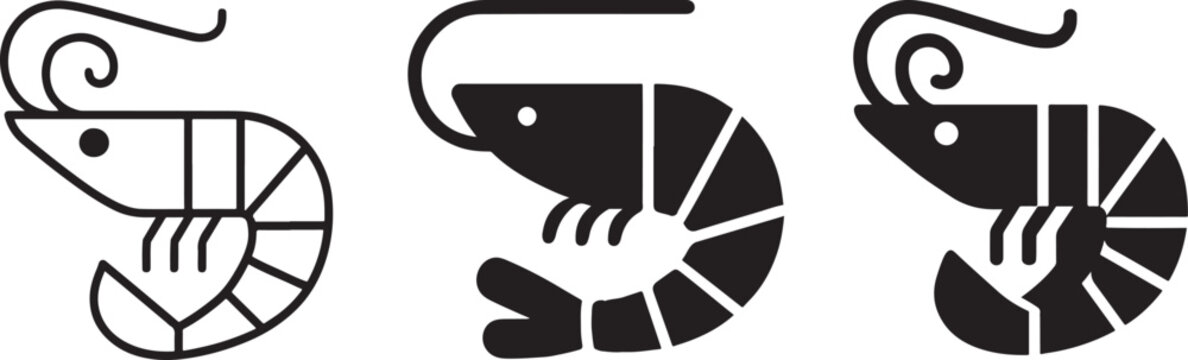 Shrimp silhouette icon set in line art and glyph styles for seafood, menu, logo, and apps.