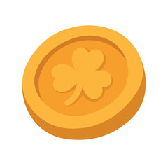 Single gold coin with shamrock symbol, Saint Patrick Irish vector clipart illustration.