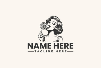Black and white vector illustration of a woman holding a flower with a placeholder text for a logo or brand name on a clean background.