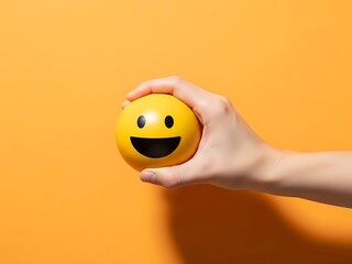 Hand holding a bright yellow ball with a happy smiley face on an orange background