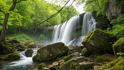 Fototapeta premium Cascading waterfall over rocks in lush green forest photorealistic detail natural landscape photography vibrant environment closeup perspective