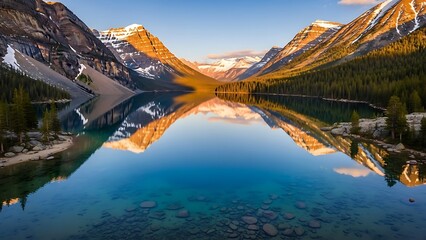 A breathtaking panorama of the snow-capped mountain peak reflecting in the mirror-like water of a serene alpine lake during a summer travel adventure through a national park landscape