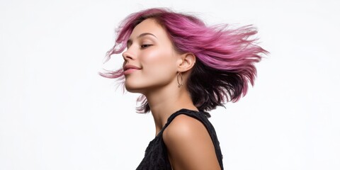 Young hispanic woman with pink hair in motion against white background