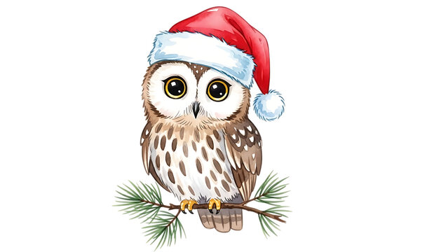 Christmas owl perched on pine branch wearing santa hat