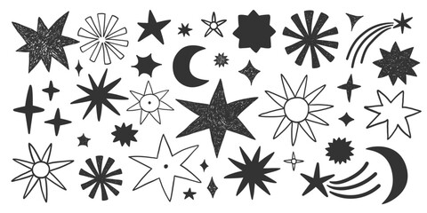 Vector set of different symbols - stars, comets, moon. Simple minimalistic elements isolated black on a white background, monochrome, black and white. Simple doodle sketch style, scribble, space.