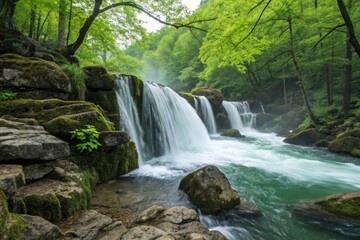 Fototapeta premium Cascading waterfall surrounded by lush green forest photorealistic scene nature photography closeup view serene environment tranquil landscape
