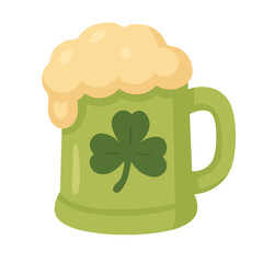 Green beer mug with shamrock and foam, Saint Patrick festive Irish vector clipart illustration.