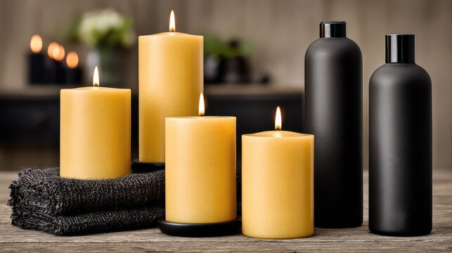 Black and yellow candle display with a bottle of bath oil. The candles are lit and the bottle of bath oil is next to them. Scene is warm and inviting