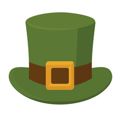 Green Irish hat with golden buckle, Saint Patrick festive cartoon vector clipart illustration.