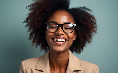 Young african american woman wearing business jacket and glasses winking looking at the camera with sexy expression, cheerful and happy face. High quality