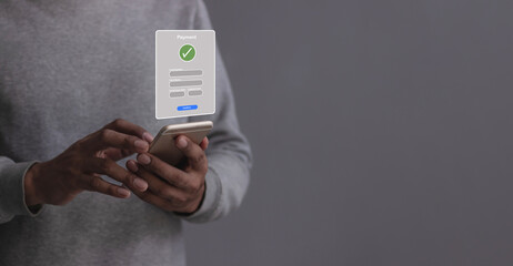 Young Man Hand Using Smartphone For Mobile Payment, Online payment, Digital, and Online shopping, Bank account phone, Mobile banking