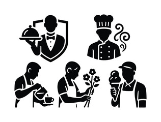 Profession silhouette icon set. featuring waiter, chef, barista, florist, ice cream vendor