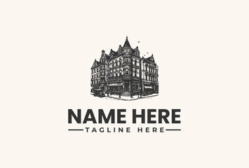 Obraz premium A black and white illustration of a building with a placeholder name and tagline on a beige background, featuring a logo and vector design elements.