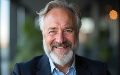 Close-up headshot portrait of happy middle-aged older professional business man, smiling bearded mature executive CEO manager, older male entrepreneur, rich confident business owner in office