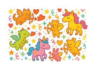 Fototapeta premium Fantasy creatures flat icon set. featuring unicorn, dragon, pegasus, cupid bear, and magic bunny