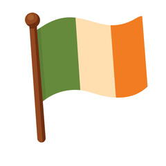 Waving Irish tricolor flag on pole, national symbol for Saint Patrick celebration vector illustration.
