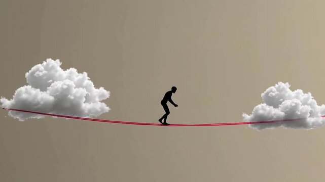 Silhouette of a person balancing on a tightrope between two clouds, symbolizing risk, uncertainty, and perseverance.