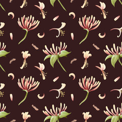 Botanical honeysuckle flowers and petals watercolor seamless pattern on dark brown. Pastel yellow and pink garden blooming vine plant for spring and summer designs. Hand drawn floral repeat background