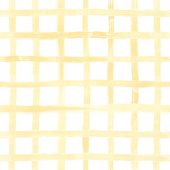Pastel yellow checkered watercolor seamless pattern on white. Simple hand drawn plaid repeat background with horizontal and vertical lines. Beige brush strokes wallpaper in minimalist style