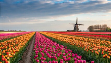 Breathtaking colorful tulip field in full bloom near a scenic windmill captured in a picturesque landscape vibrant colors and serenity