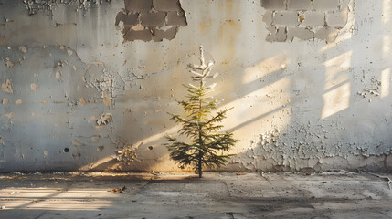 Small decorated Christmas tree standing in an abandoned room with peeling paint and damaged walls. Minimal winter holiday concept with copy space.
