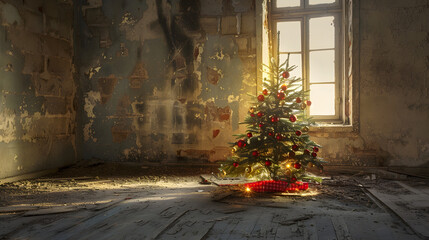 Small decorated Christmas tree standing in an abandoned room with peeling paint and damaged walls. Minimal winter holiday concept with copy space.