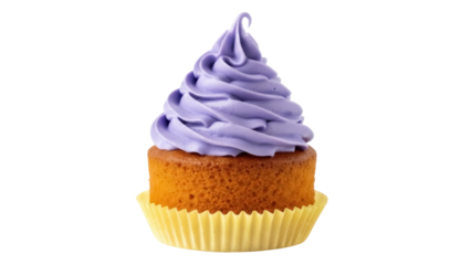 Delicious cupcake with purple frosting isolated PNG, sweet dessert with yellow paper cup on transparent background for party and celebration
