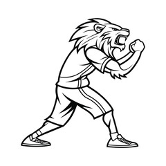 Fototapeta premium Black and white illustration of a lion boxer in fighting stance animal sport