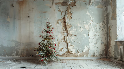 Small decorated Christmas tree standing in an abandoned room with peeling paint and damaged walls. Minimal winter holiday concept with copy space.
