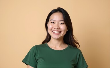 Positive, happy Asian woman wearing green shirt smiling, blogger recording video on beige background. High quality