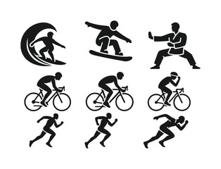 Sports silhouette icon set. featuring surfing, snowboarding, martial arts, cycling, and running symbols