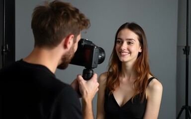 Photographer taking portrait of young beautiful woman in photostudio, focus on working digital camera during photoshoot. High quality