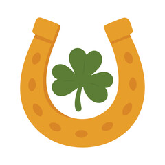 Golden horseshoe with green shamrock symbol, Saint Patrick Irish lucky vector clipart illustration.