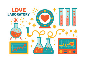 Love laboratory flat icon set. featuring chemistry, heart, test tubes, beakers, experiments, and graphs