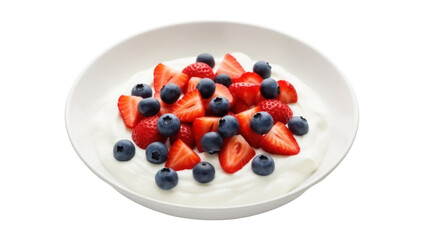 Delicious yogurt with fresh strawberries and blueberries isolated PNG, healthy breakfast with seasonal fruits on transparent background
