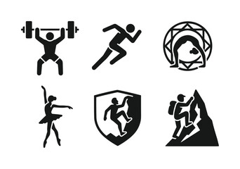 Fitness and outdoor activities silhouette icon set. featuring weightlifting, running, yoga, ballet, shield, climbing