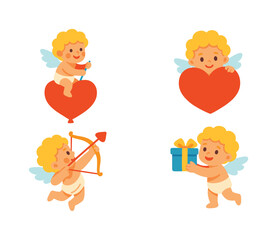 Love and romance flat icon set. featuring cupid, heart, gift, and bow symbols