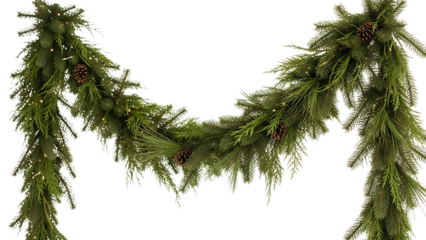 Green Christmas garland with pine cones and lights