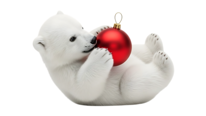 Adorable polar bear cub holding red christmas ornament