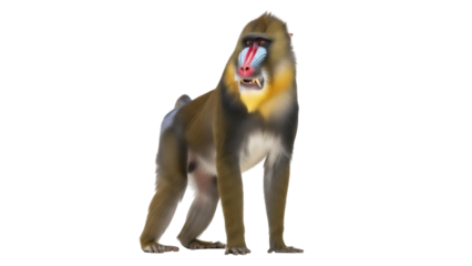 Colorful mandrill monkey standing isolated PNG, primate with vibrant face markings on transparent background for wildlife and educational resources