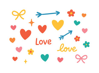 Love and romance flat icon set. featuring hearts, arrows, flowers, stars, and bows