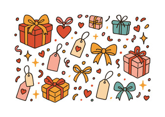 Gift and celebration flat icon set. featuring gift boxes, bows, tags, hearts, and stars