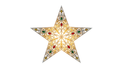 Ornate illuminated star decoration with red green and yellow gems