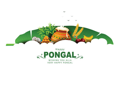 Tamil Nadu festival Happy Pongal with Pongal props, holiday Background, pongal celebration greeting card, vector illustration design.
