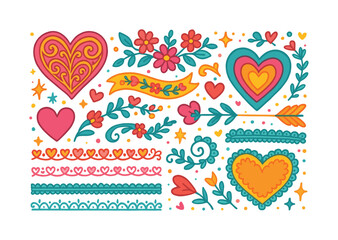 Love and decoration flat icon set. featuring hearts, flowers, arrows, patterns, and flourishes
