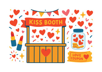 Love and romance flat icon set. featuring kiss booth, lipstick, love coupon, hearts, jar of coins, decorations