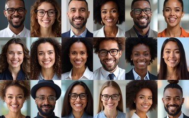 Large collage, portrait of multiracial smiling different business people. A lot of happy modern people faces in mosaic collection. Successful business, team, career, diversity concept. High quality